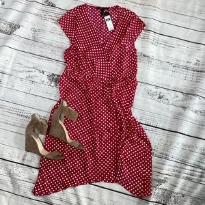 311. BCBG Fuchsia Polka Dot Asymmetrical Dress NWT Size L